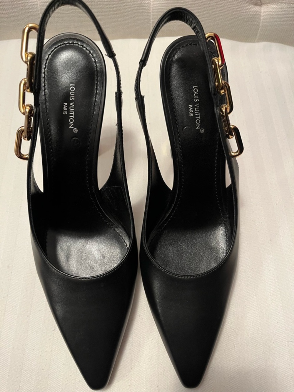 Authentic Louis Vuitton Black Leather Slingback Pumps with Gold Accent - Picture 2 of 6